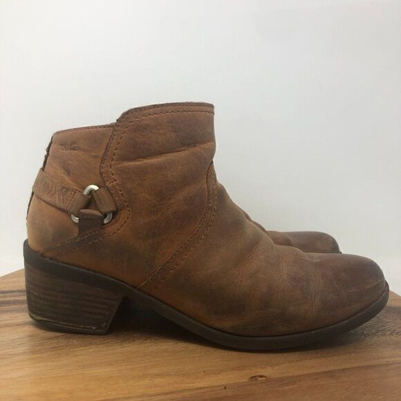 Teva Foxy Womens Sz 10 Shoes Brown Nubuck Leather Side Zip Block Heel Ankle Boot - Picture 1 of 7